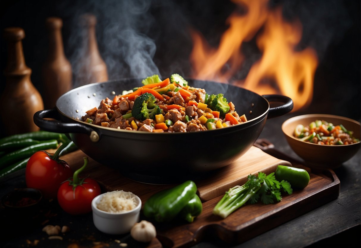 A sizzling wok filled with diced vegetables and seasoned pork mince, surrounded by traditional Chinese cooking ingredients and utensils