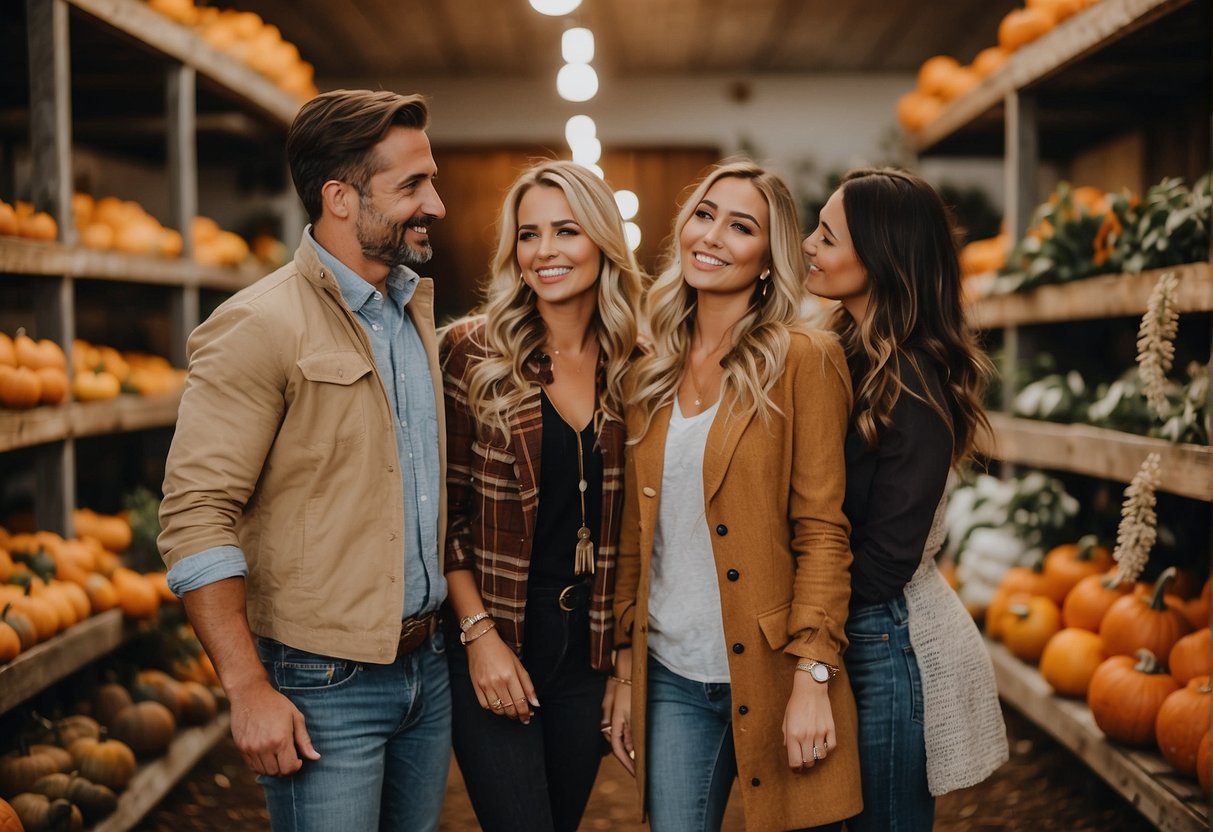 Guests compare renting vs. buying attire for an October farm wedding. Options include warm layers, boots, and fall colors