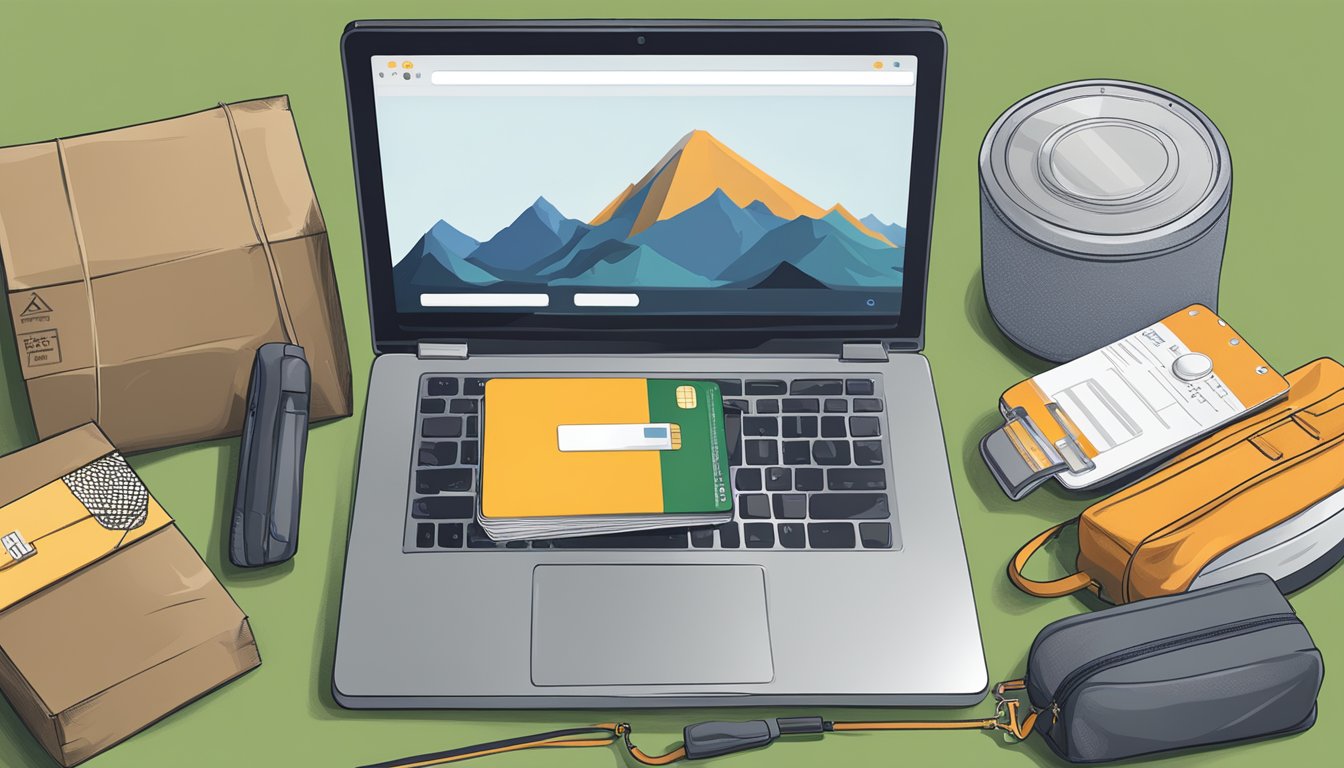 A laptop showing a website with camping gear, a credit card, and a delivery box