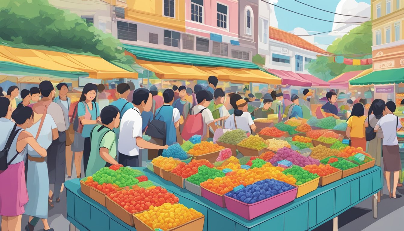 A bustling Singapore marketplace with colorful Goli Gummies displays and eager customers asking for the product at various vendors' stalls