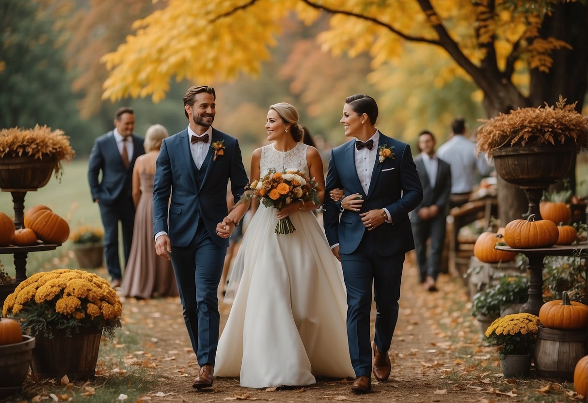 Guests in elegant fall attire walk through a rustic farm setting, surrounded by colorful foliage and vintage decor for an outdoor October wedding