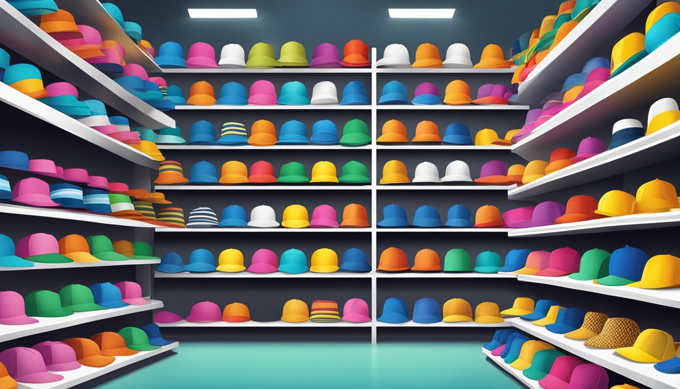 A colorful display of trendy caps on shelves, with various styles and designs showcased