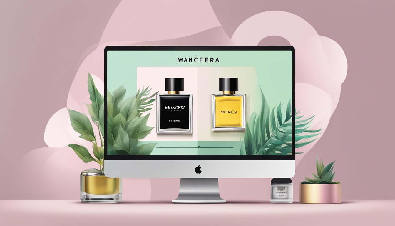 A computer screen displaying an online shopping website for Mancera perfume with a "buy now" button highlighted