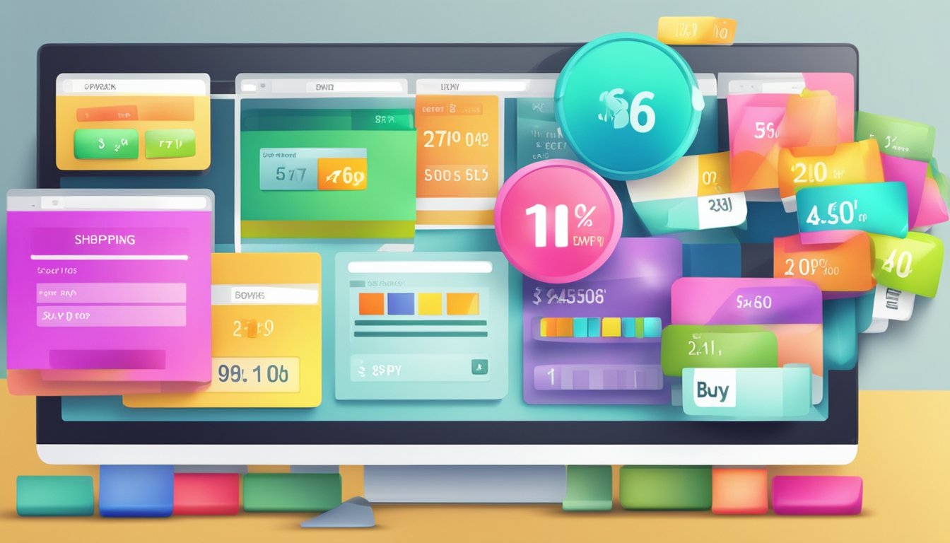 A computer screen with a variety of colorful caps displayed on an online shopping website, with a "buy now" button and price tags visible