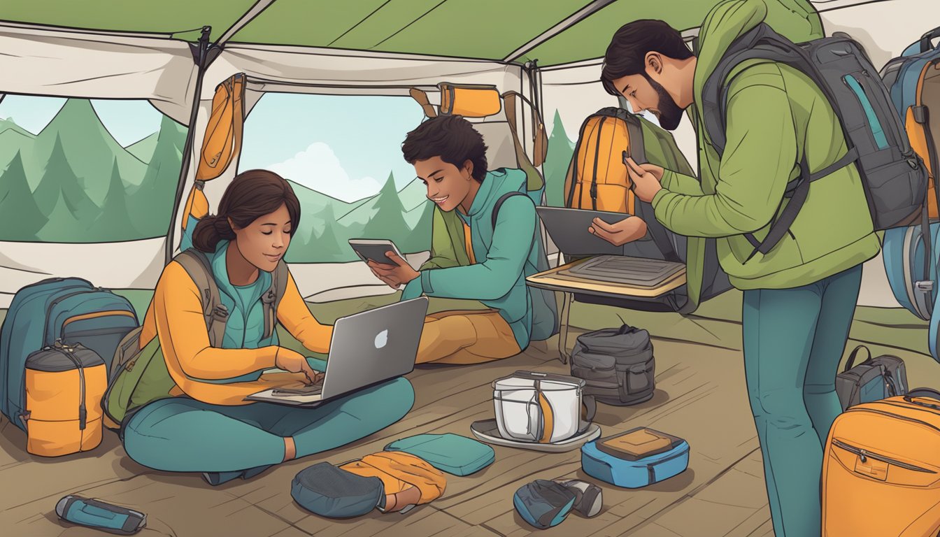 Customers browsing camping gear online, clicking on items, reading product descriptions, and adding items to their virtual shopping cart