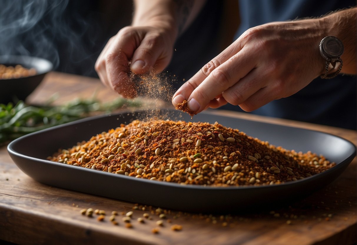 A hand sprinkles a blend of spices onto a slab of brisket, creating an award-winning rub recipe