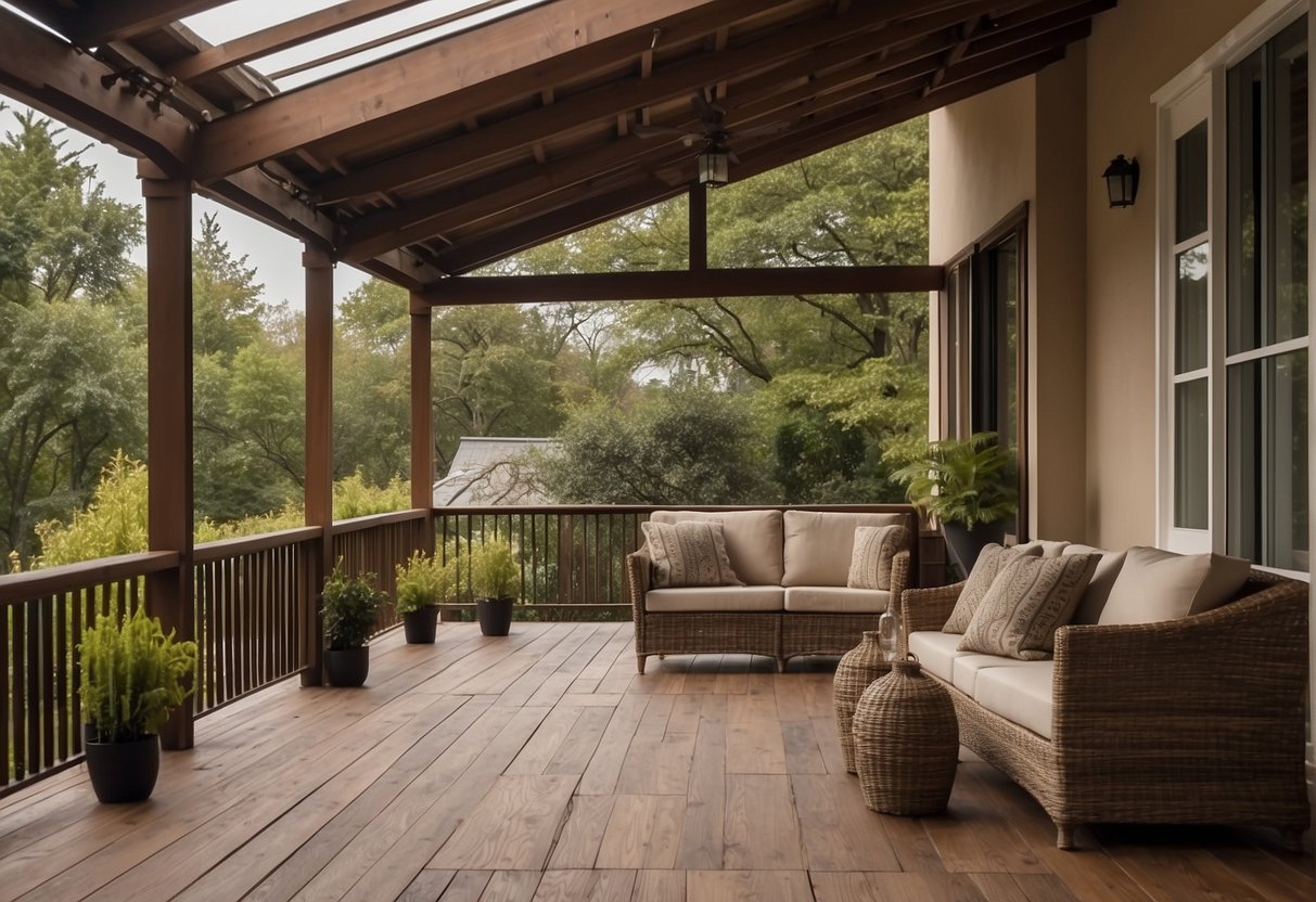 A covered outdoor patio is called a veranda, with a sturdy wooden roof and comfortable seating area