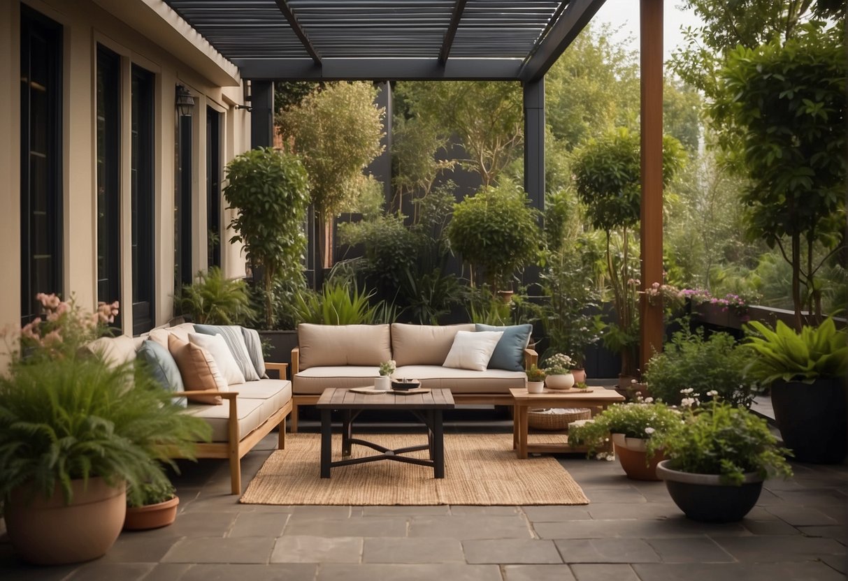 An outdoor covered patio is called a veranda. It features comfortable seating, plants, and overhead protection from the elements