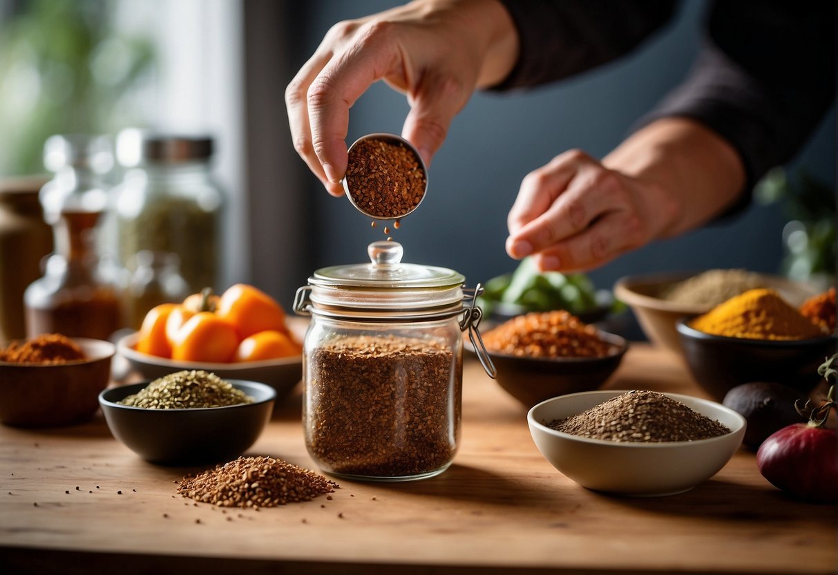 A hand reaches for a jar of spices, next to a slab of brisket. A recipe book is open to a page titled "Award Winning Brisket Rub."