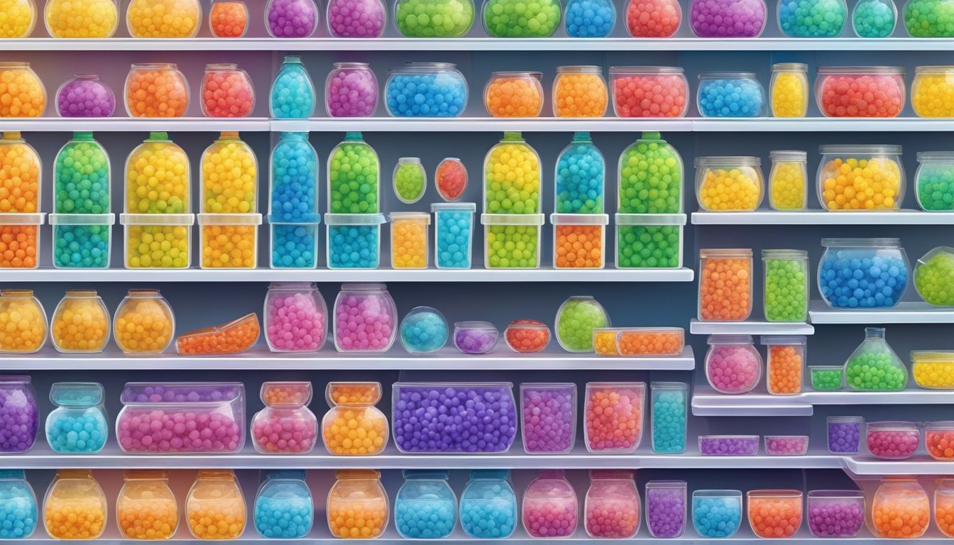 A colorful display of water beads in various sizes and colors, arranged neatly on shelves in a store in Singapore