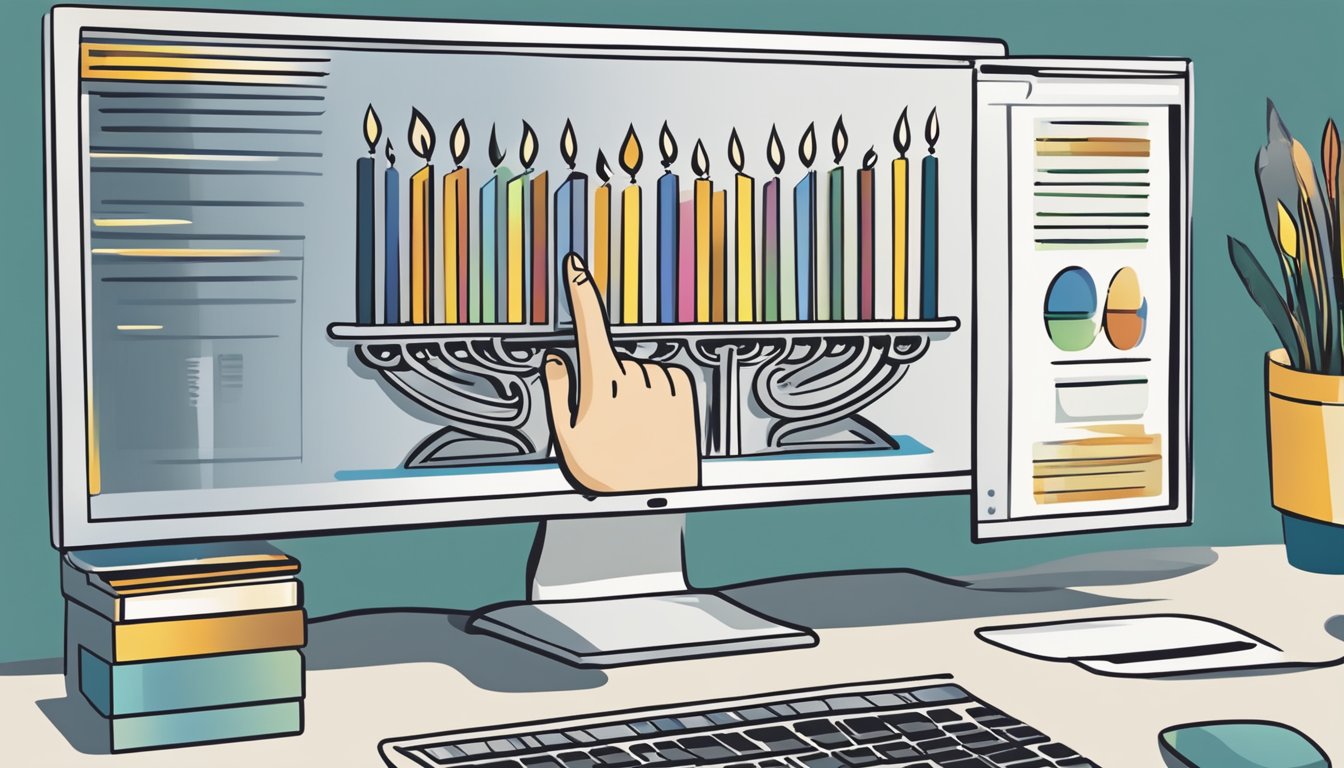 A hand reaches out to select a menorah from a variety of options displayed on a computer screen. The cursor hovers over the "buy now" button