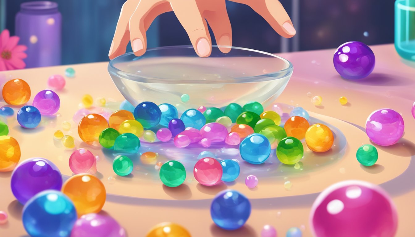 Colorful water beads scattered on a table, reflecting light. A glass vase filled with water beads, surrounded by vibrant flowers. A child's hands reaching out to touch the smooth, round beads