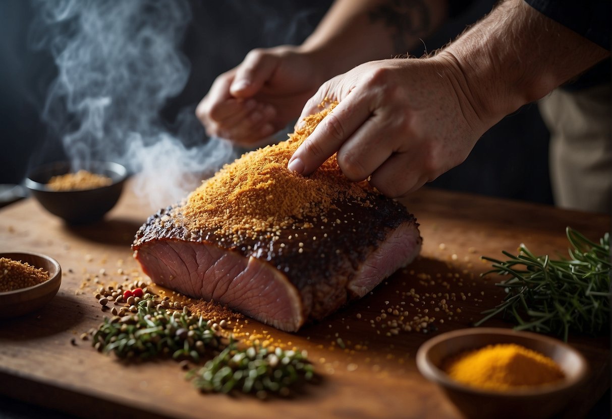 A hand sprinkles a blend of spices onto a raw brisket, carefully massaging the rub into the meat, creating a perfect coating for smoking
