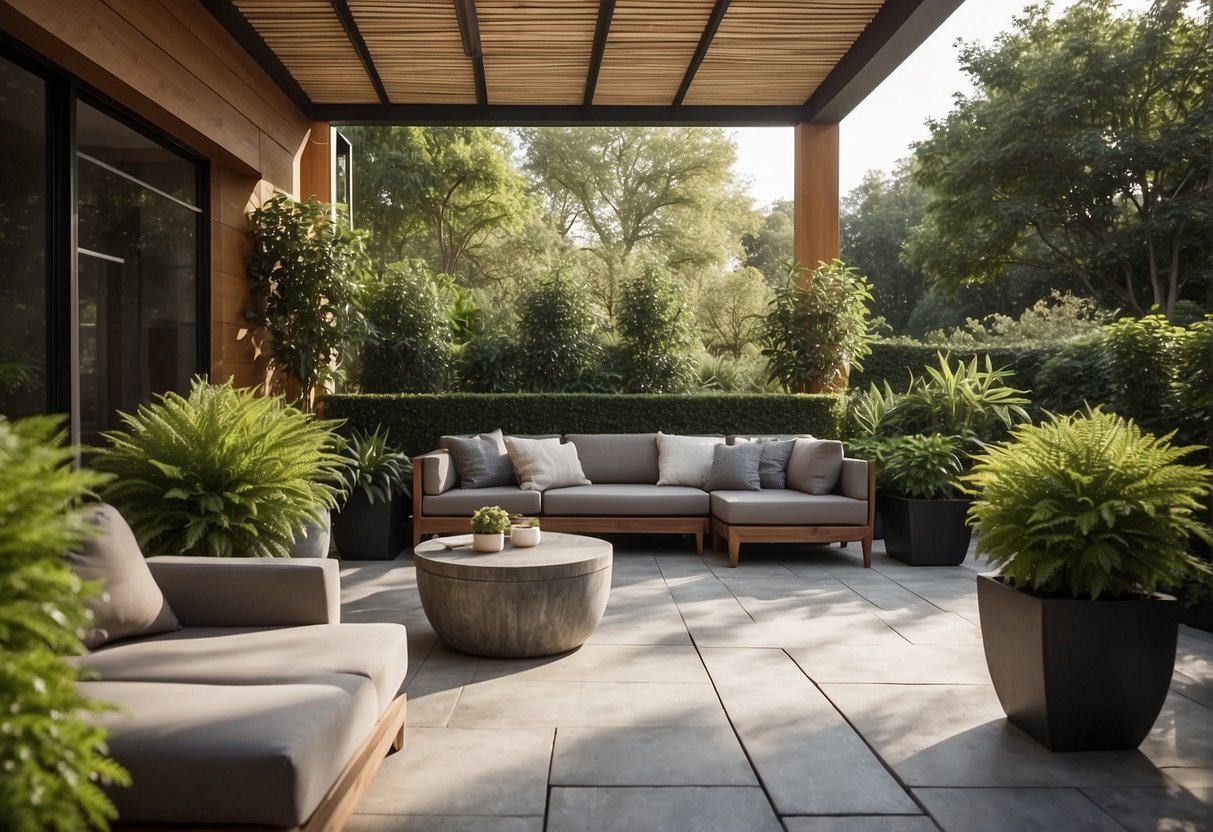 A spacious outdoor covered patio with comfortable seating, surrounded by lush landscaping and integrated seamlessly with the natural environment