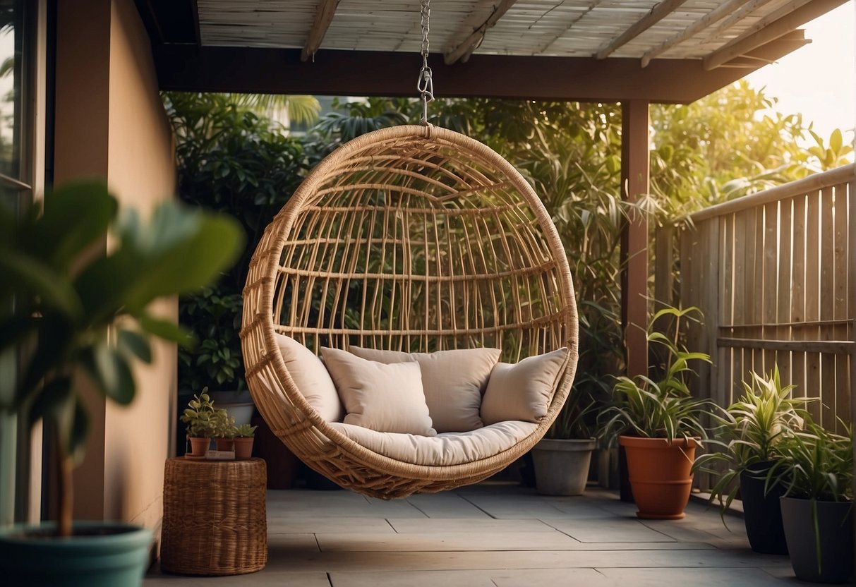 A cozy outdoor covered patio with wicker furniture, potted plants, string lights, and a hanging hammock chair