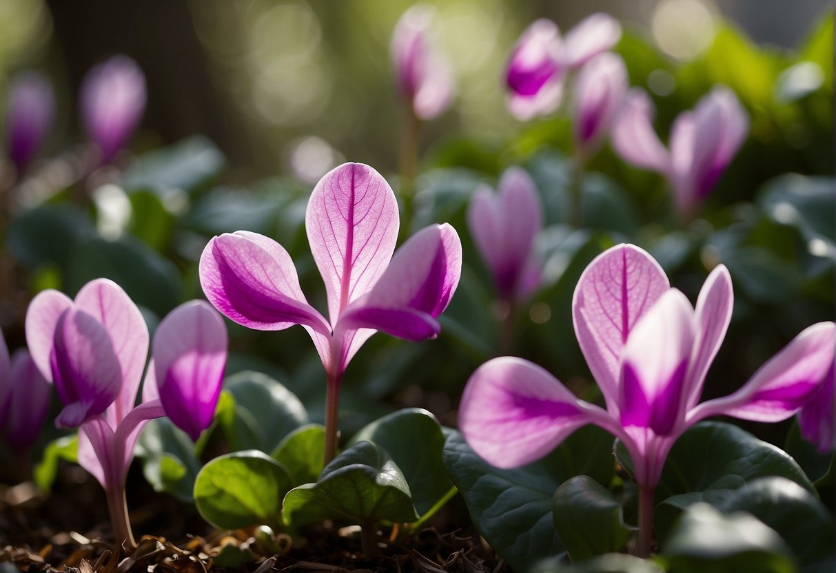 A vibrant outdoor cyclamen blooms in a garden, surrounded by lush green foliage and bathed in dappled sunlight, showcasing its resilience and longevity in the natural environment