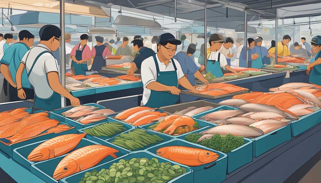 A bustling seafood market in Singapore, with colorful stalls displaying fresh wild Alaskan salmon. Customers eagerly select their fish while vendors expertly fillet and pack the prized catch