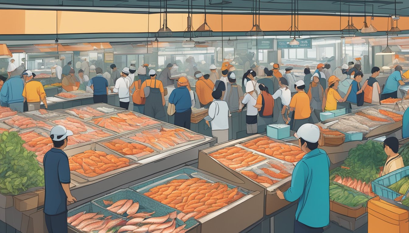 A bustling fish market in Singapore displays fresh Wild Alaskan Salmon on ice, with colorful signage and busy customers browsing the selection