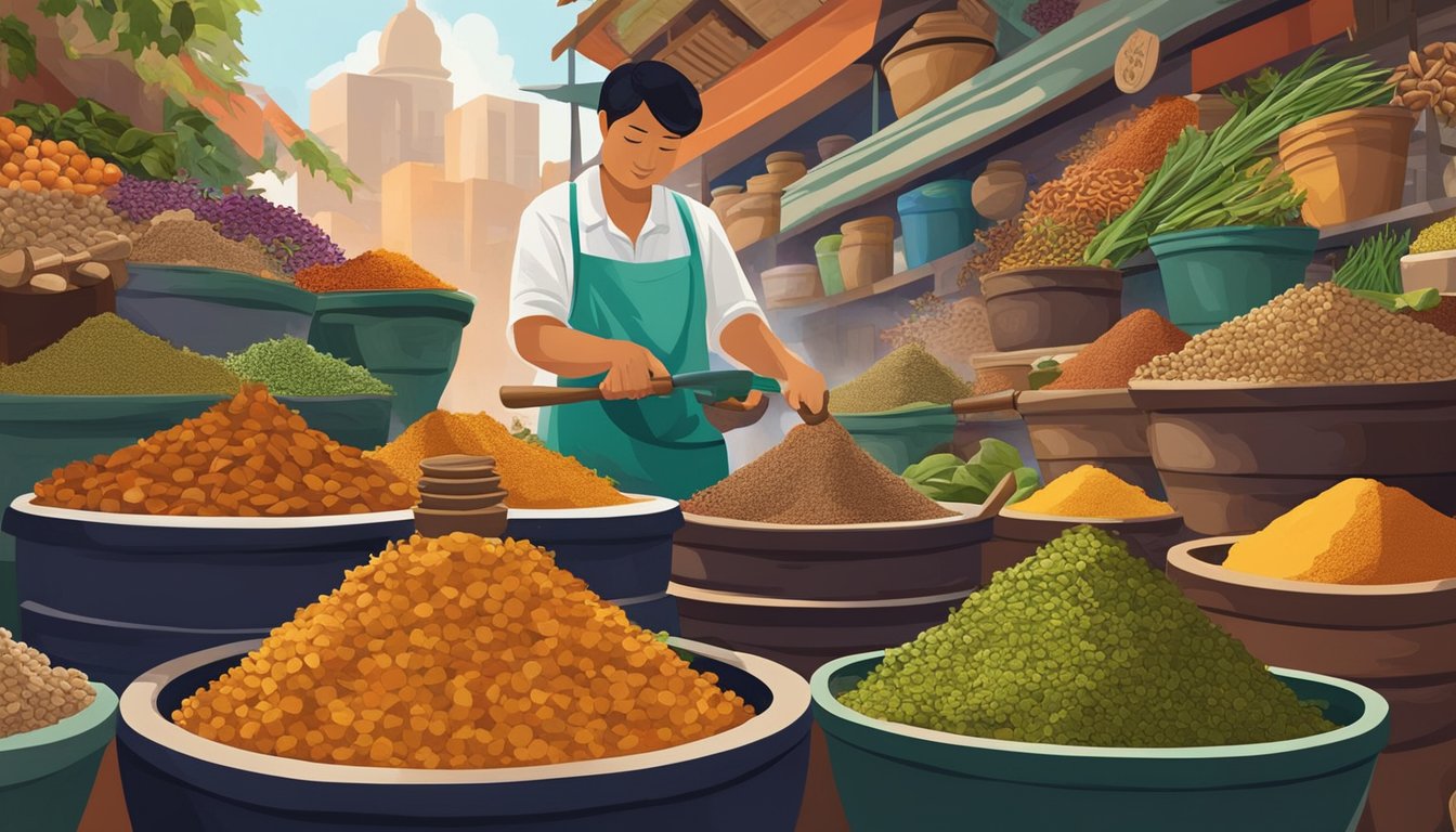 A hand reaches for a traditional mortar and pestle in a bustling Singapore market. The vibrant colors of spices and herbs create a visually stunning backdrop