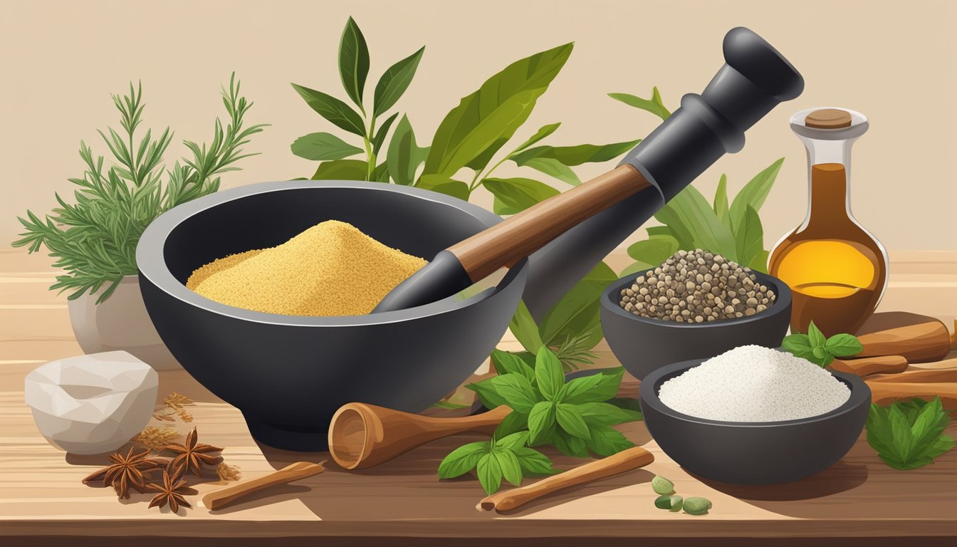 A mortar and pestle sitting on a wooden table, with a variety of herbs and spices scattered around. The mortar and pestle are made of sleek, polished stone, and the room is filled with warm, natural light