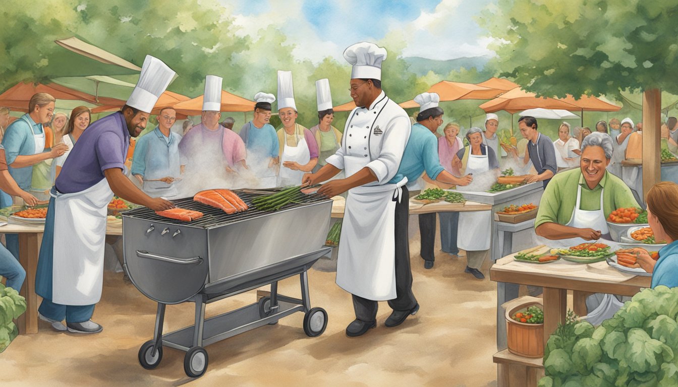 A chef grills Alaskan salmon on a barbecue, surrounded by fresh vegetables and herbs. The aroma of the sizzling fish fills the air as people gather around to enjoy the feast