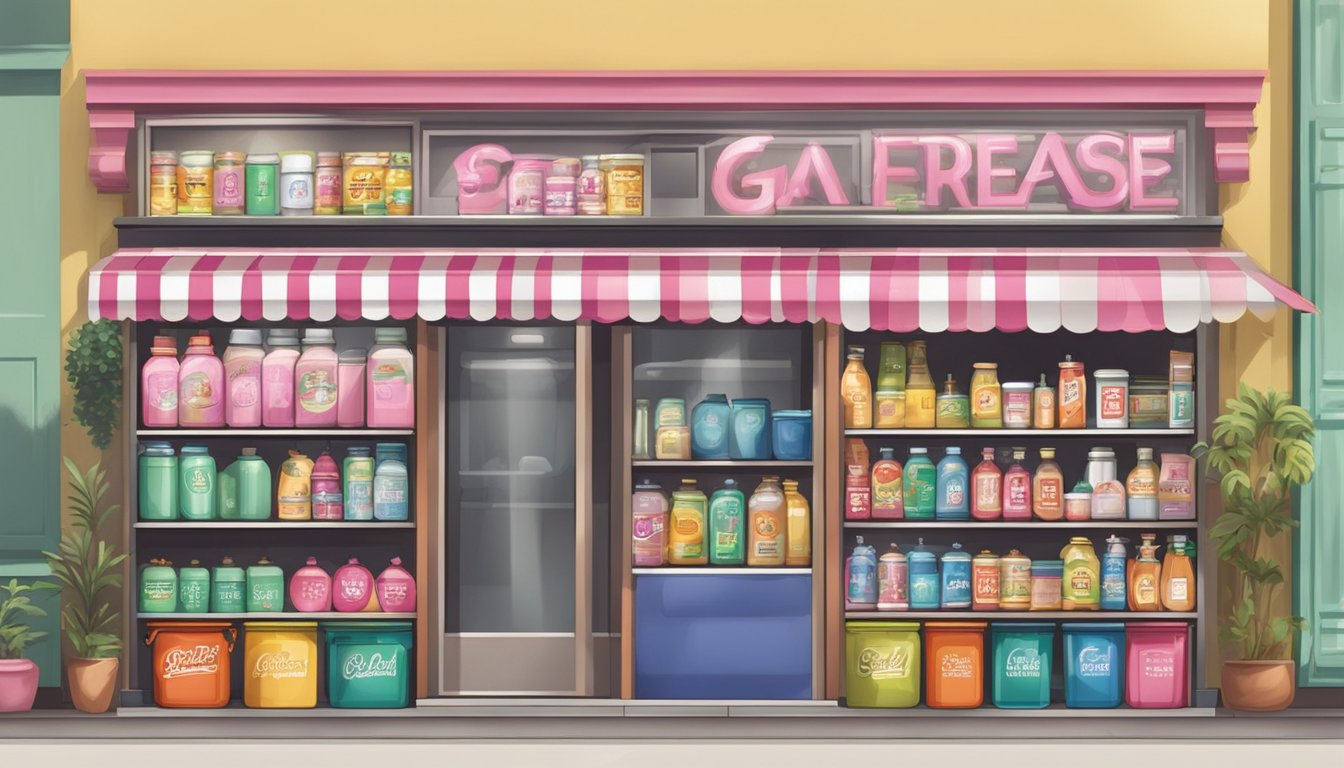 A small shop sign in Singapore reads "Grease for Sale" with various containers displayed on shelves