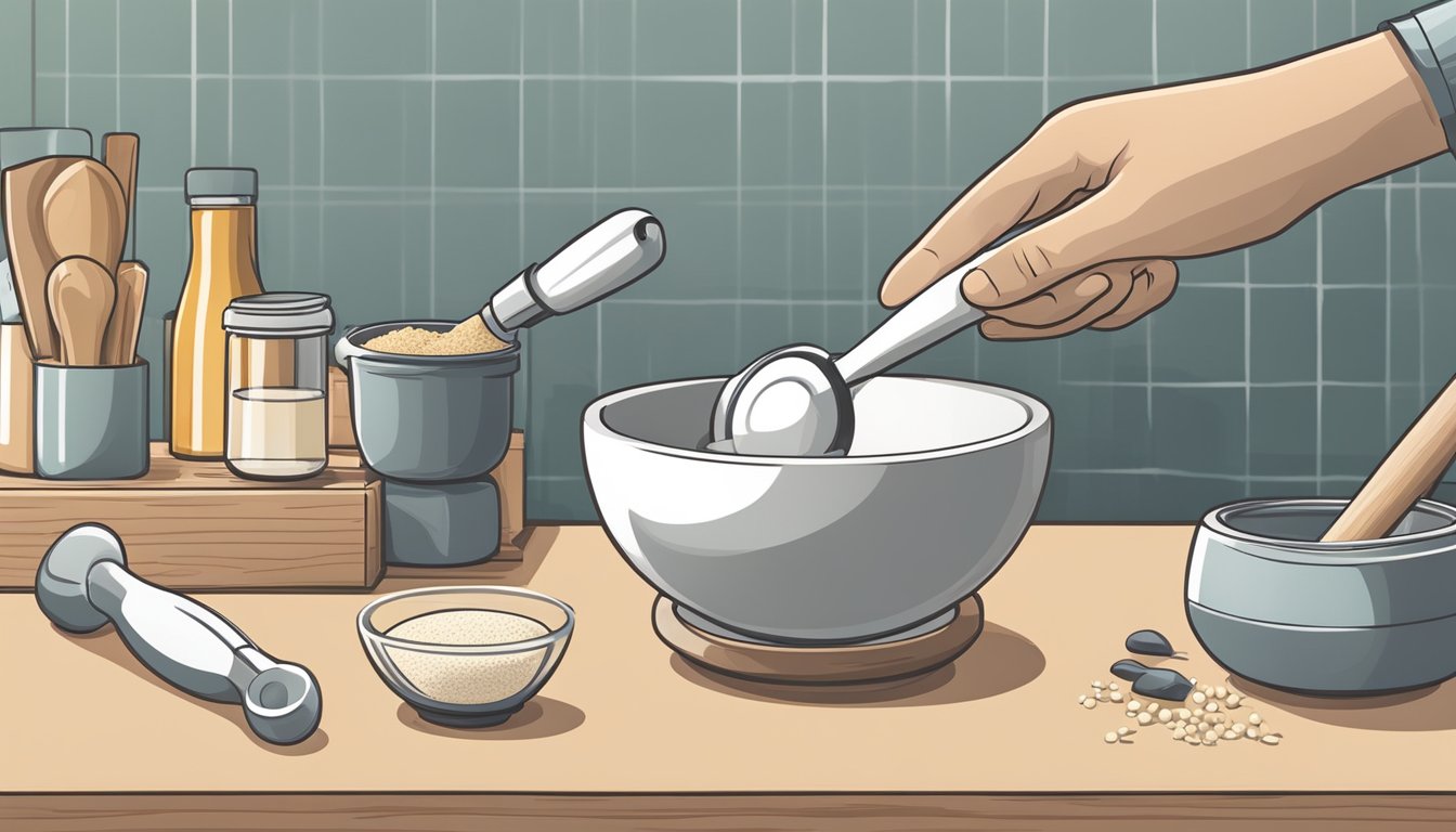 A hand reaches for a new mortar and pestle on a clean kitchen counter. The packaging is open, and the tools are ready to be used for grinding and blending ingredients