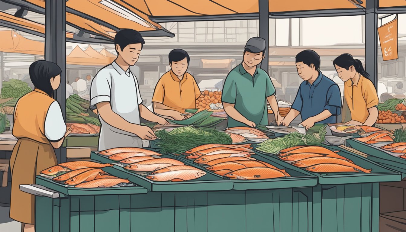 A bustling market stall displays fresh wild Alaskan salmon in Singapore. Customers inquire about purchasing, while the vendor answers frequently asked questions