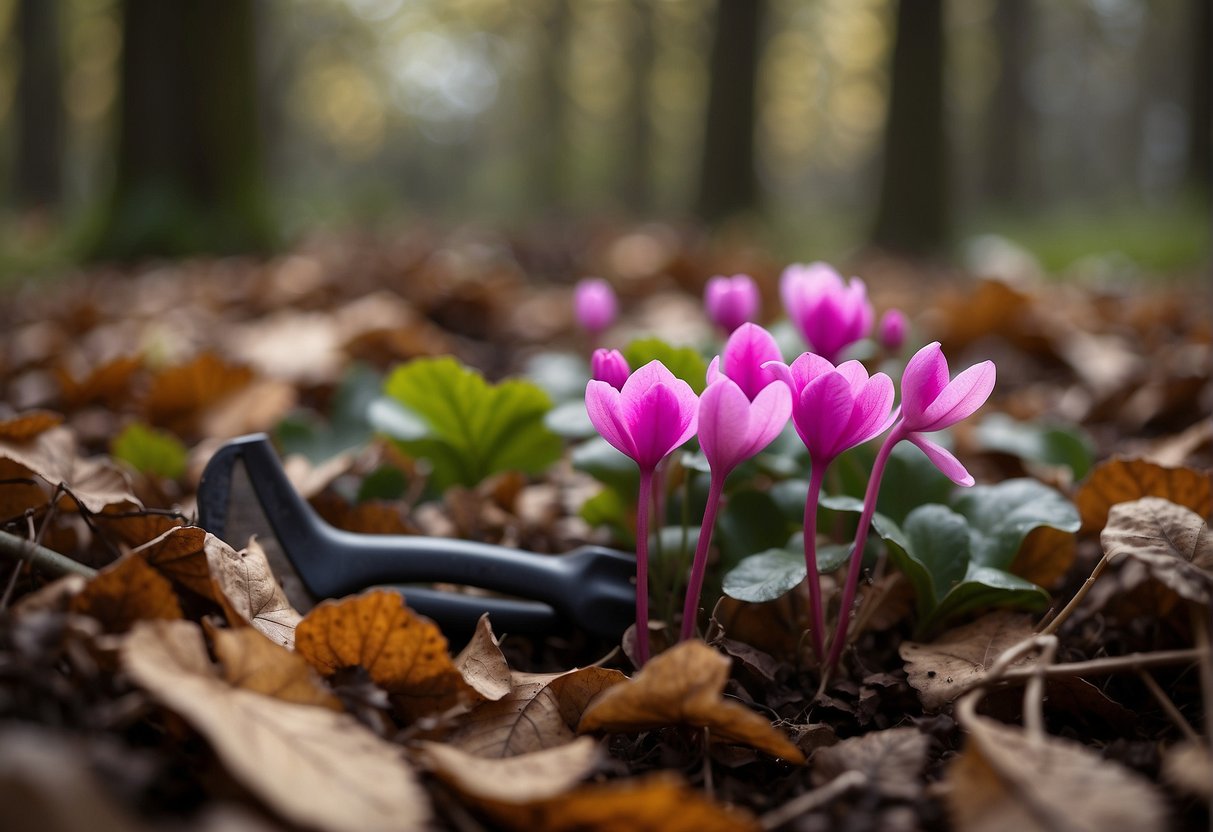 A blooming outdoor cyclamen surrounded by fallen leaves and a gardener's tools, indicating seasonal care and maintenance