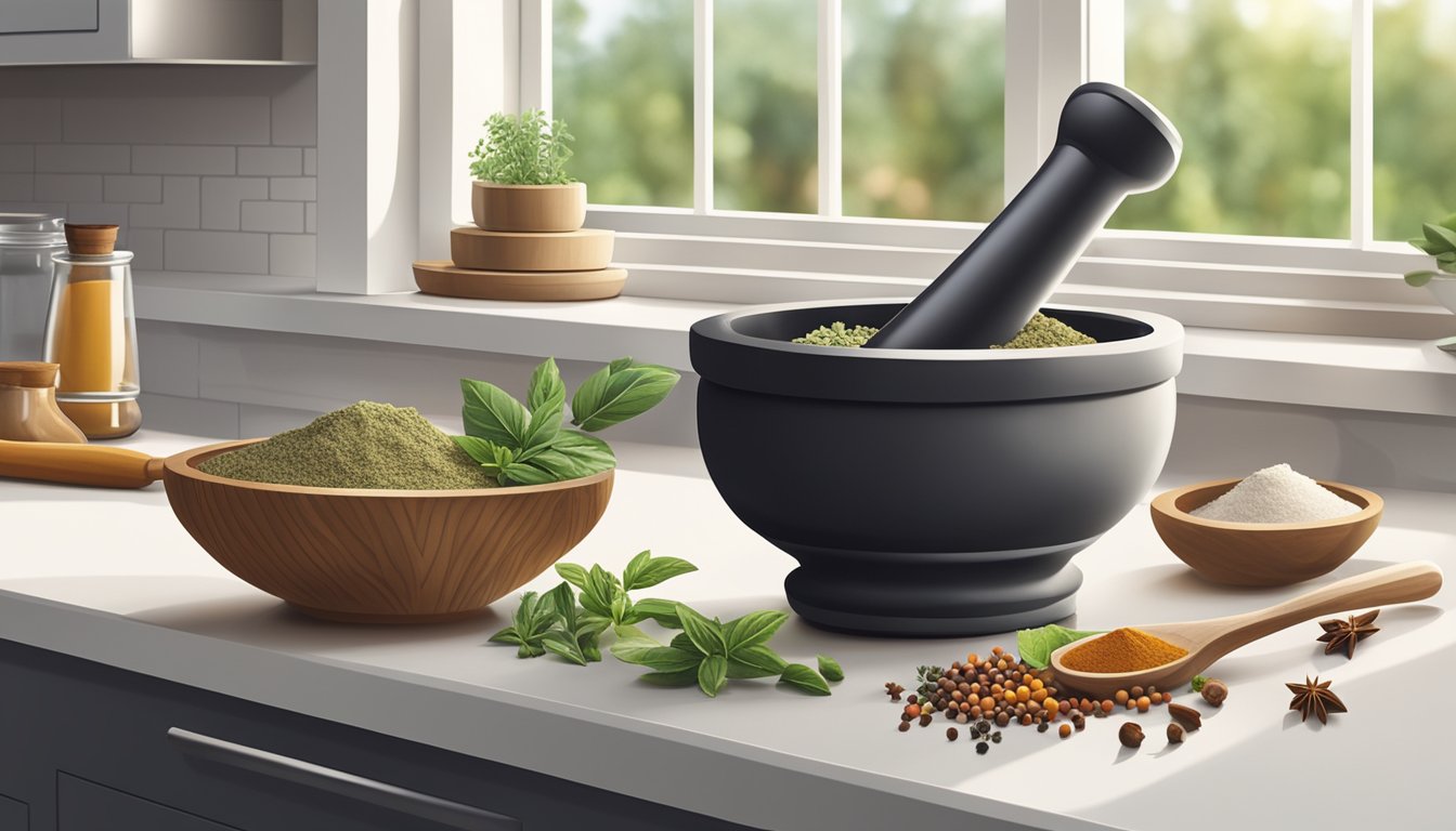 A mortar and pestle sitting on a clean, well-lit kitchen countertop with various spices and herbs arranged neatly nearby
