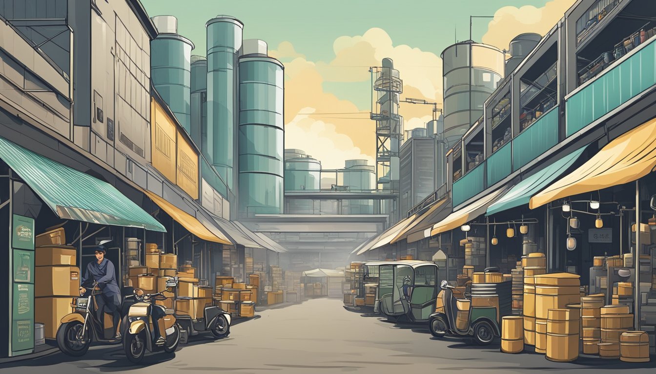 A bustling industrial area in Singapore, with rows of shops and warehouses selling various types of grease. Signs and banners advertise the different grades and uses of grease available for purchase