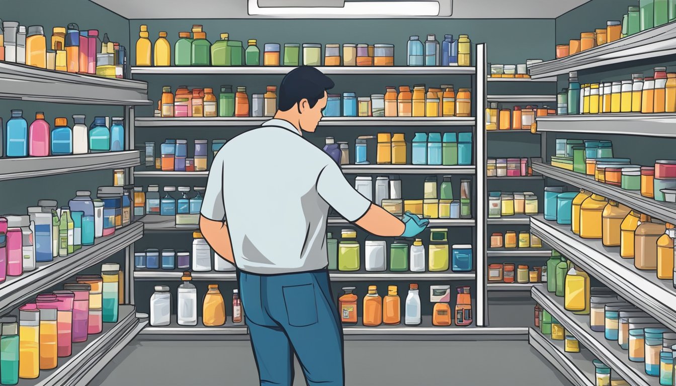 Shelves lined with various grease products, a customer browsing, a salesperson assisting