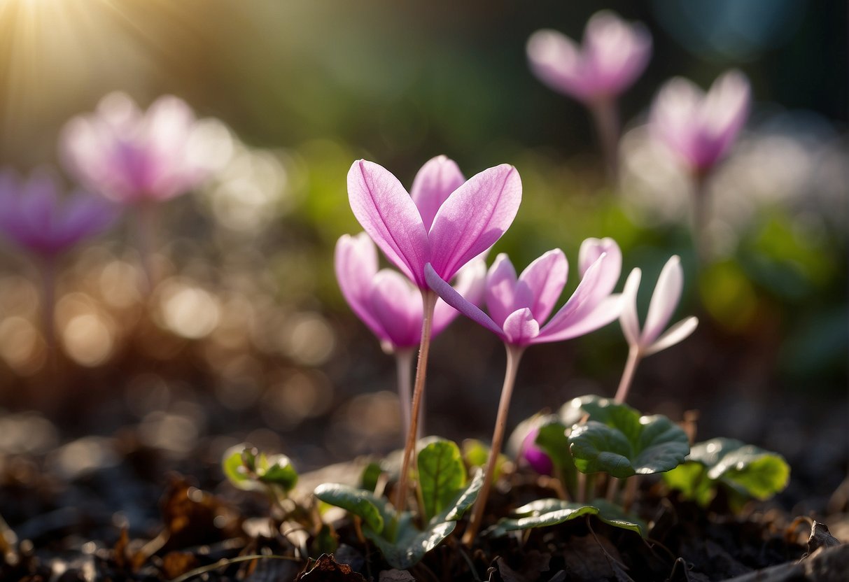 Outdoor cyclamen wilting in direct sunlight, surrounded by pests and disease