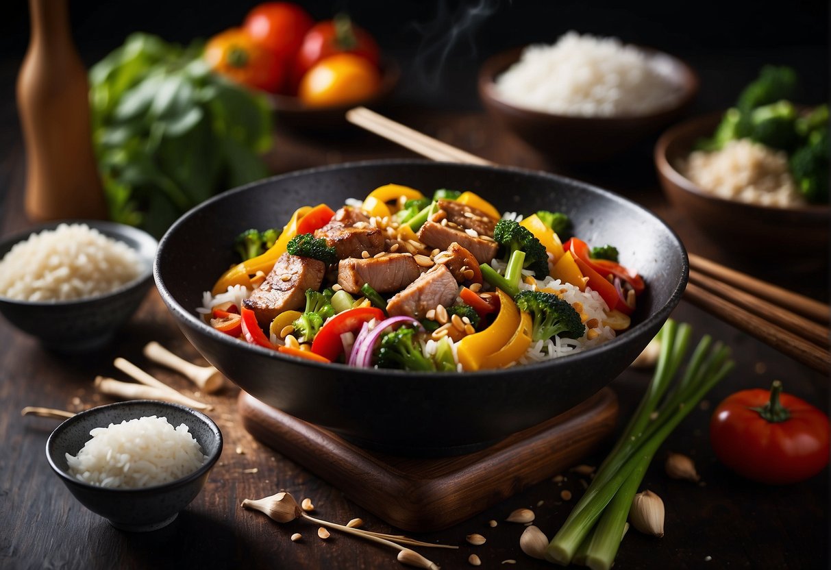 A sizzling wok stir-fries marinated pork with garlic, ginger, and soy sauce, surrounded by vibrant vegetables and steaming rice
