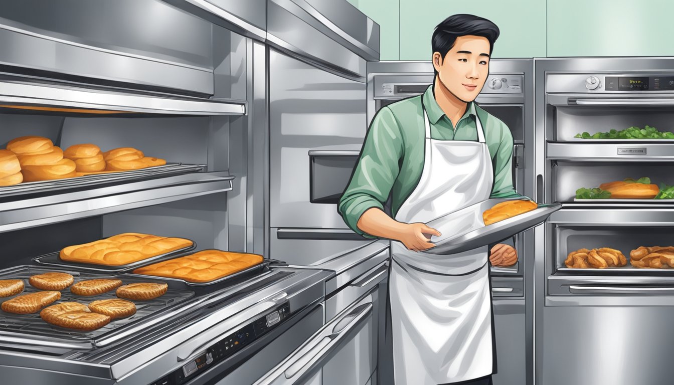 A person in a kitchen comparing different ovens in a Singapore appliance store