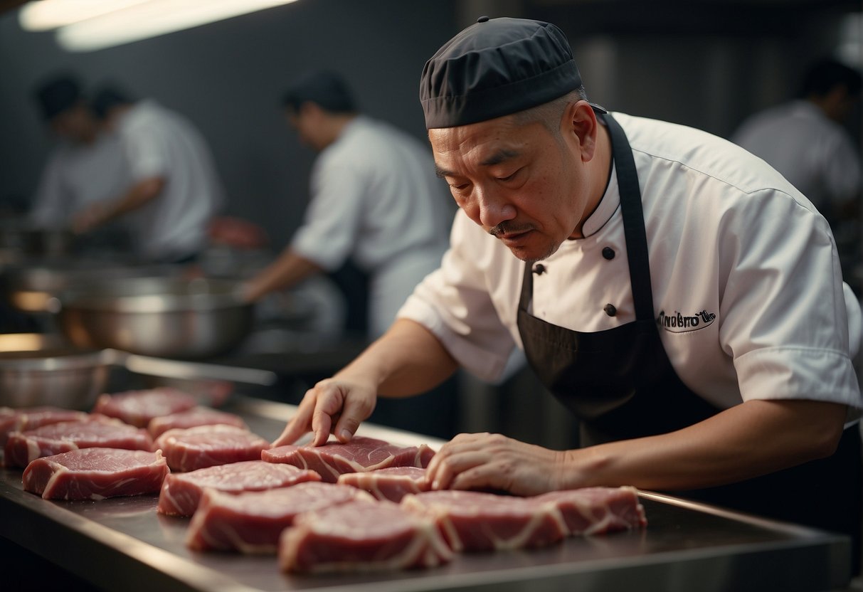 A chef carefully selects the perfect cut of pork for a Chinese-style recipe, examining the marbling and texture of the meat