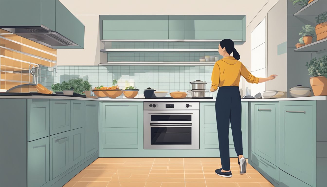A person standing in a modern kitchen, comparing different ovens with sleek designs and advanced features, surrounded by Singaporean culinary influences