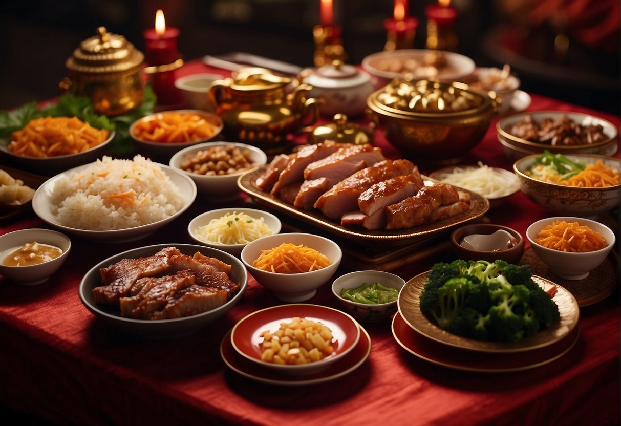 A table set with various pork dishes, surrounded by red and gold decorations for Chinese New Year