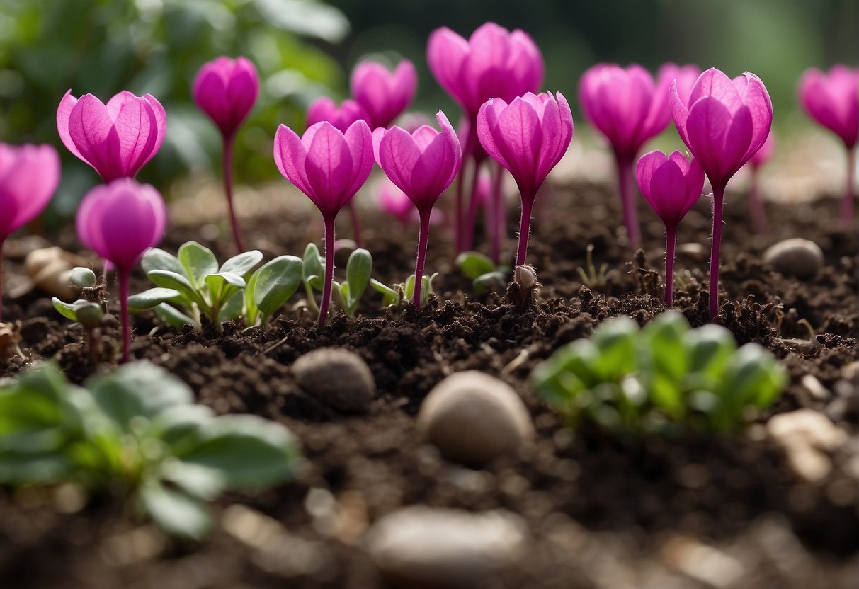 Bright outdoor scene: Cyclamen flowers in various stages of growth, surrounded by small gardening tools and pots. A gardener carefully replants them into fresh soil