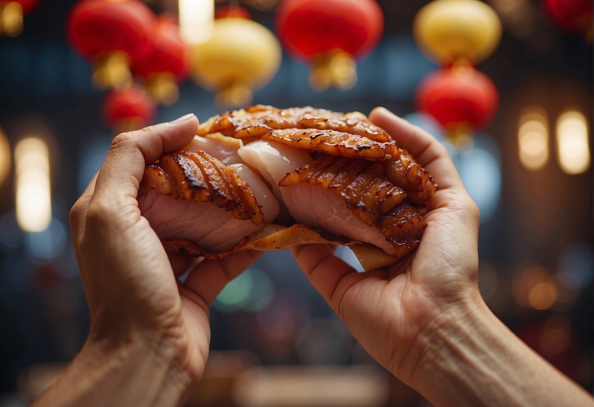 A hand reaching for a pork cut with Chinese New Year decorations in the background