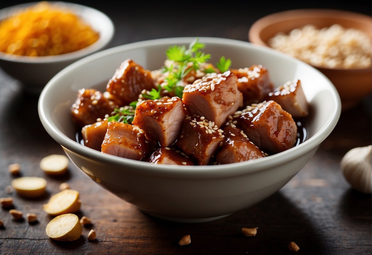 Pork chunks soaking in a mixture of soy sauce, ginger, and garlic. A sprinkle of five-spice powder and a dash of sesame oil
