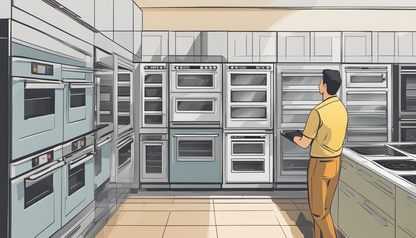 A customer confidently selects an oven from a variety of choices in a well-lit appliance store in Singapore