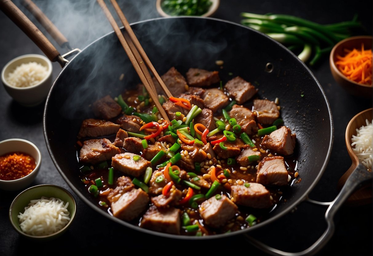 Sizzling pork stir-frying in a wok with ginger, garlic, and soy sauce. Green onions and chili peppers add color and heat