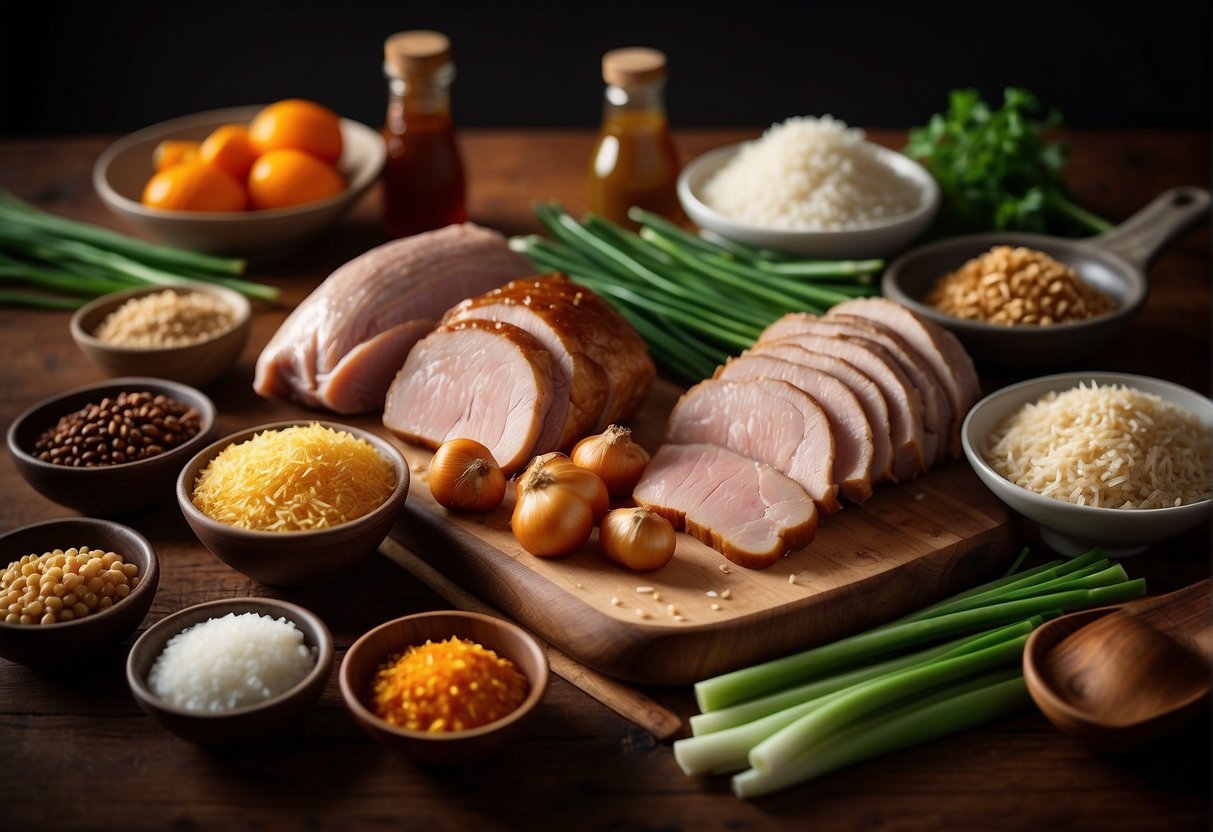 A table filled with essential ingredients and seasonings for Chinese New Year pork recipes. Soy sauce, ginger, garlic, and green onions are neatly arranged next to fresh cuts of pork