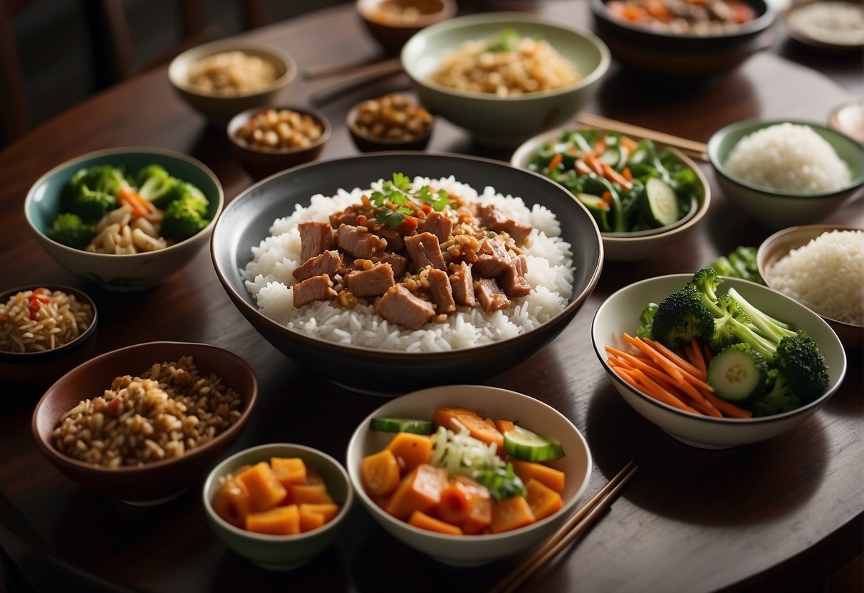 A table set with Chinese-style pork dish, surrounded by bowls of rice, vegetables, and chopsticks