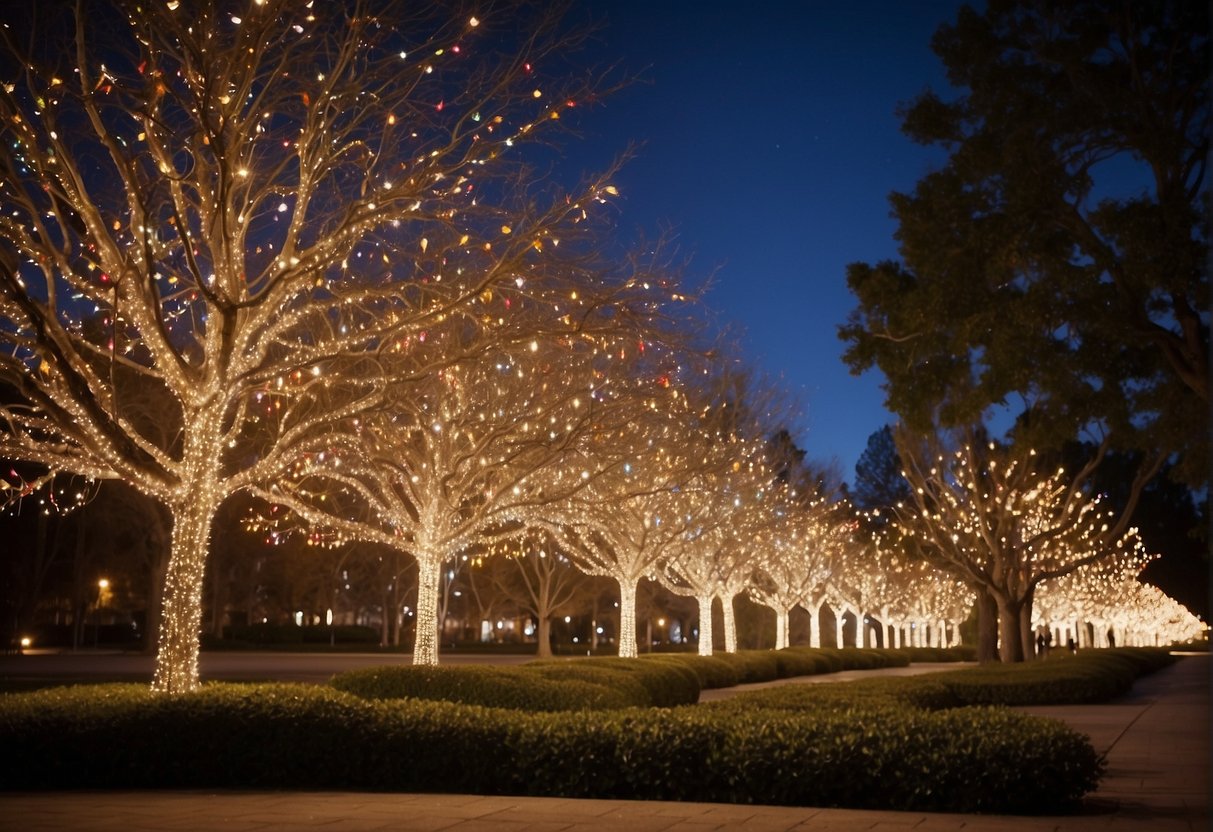 Outdoor trees adorned with twinkling lights and colorful ornaments, reaching varying heights and shapes, creating a festive and enchanting holiday scene