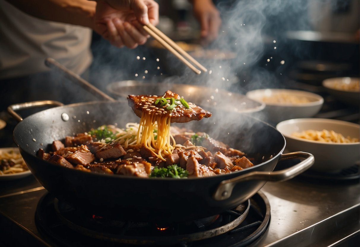 A sizzling wok tosses marinated pork with ginger, garlic, and soy sauce, filling the air with savory aromas in a bustling Chinese kitchen