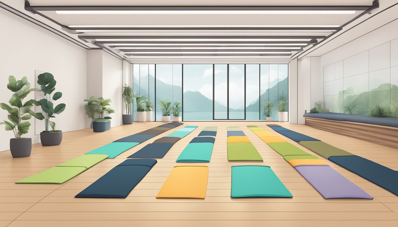 A yoga mat displayed in a bright, minimalist store in Singapore