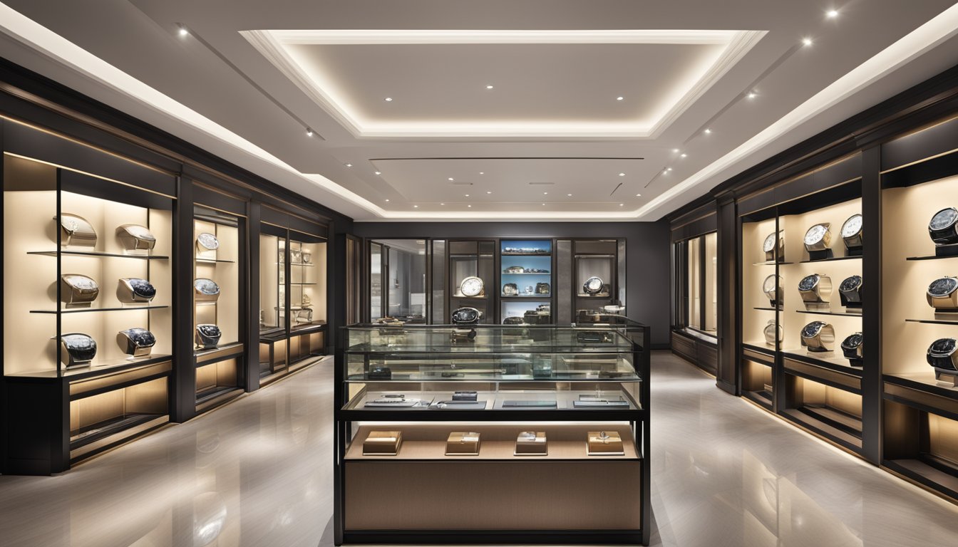A luxurious display of Hamilton watches in a sleek boutique in Singapore, with modern lighting and elegant showcases