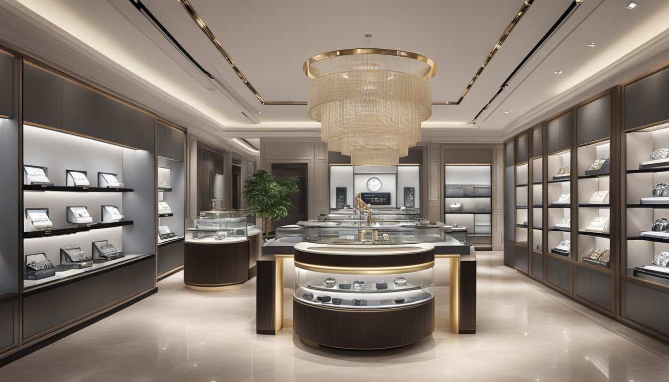 A luxurious display of Hamilton watches in a Singaporean boutique, showcasing the brand's elegant timepieces in a modern and sophisticated setting